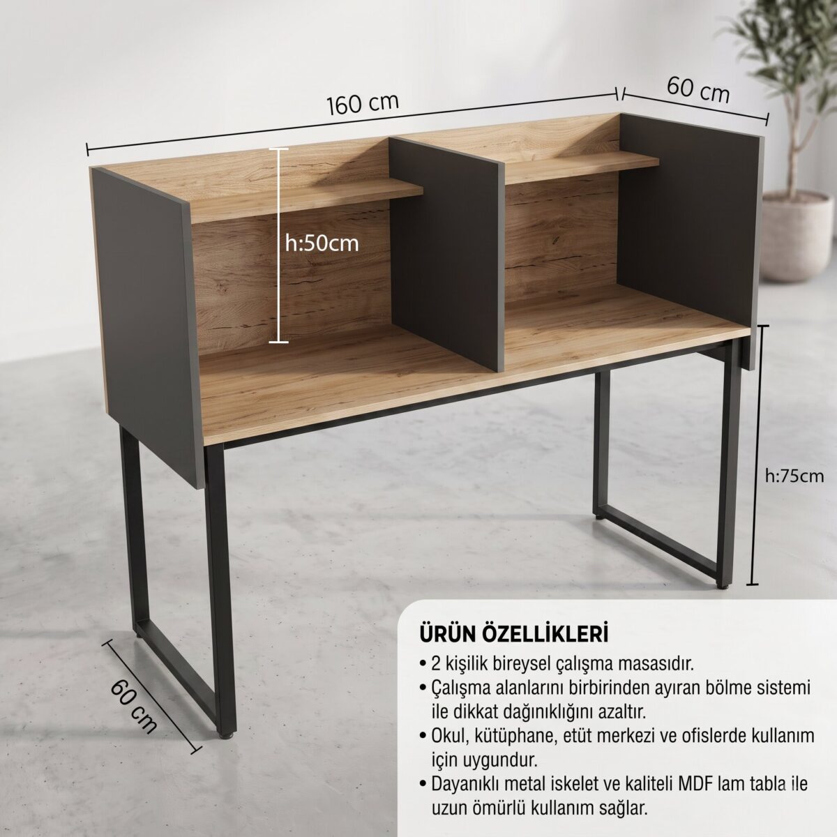 GM040-202 Çift Kişilik Modüler Çalışma Masası – Bölmeli Etüt ve Öğrenci Masası - Görsel 2