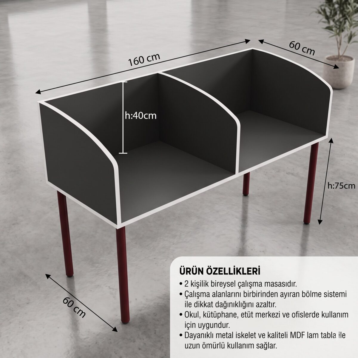 GM040-203 Çift Kişilik Modüler Çalışma Masası – Bölmeli Etüt ve Öğrenci Masası - Görsel 2
